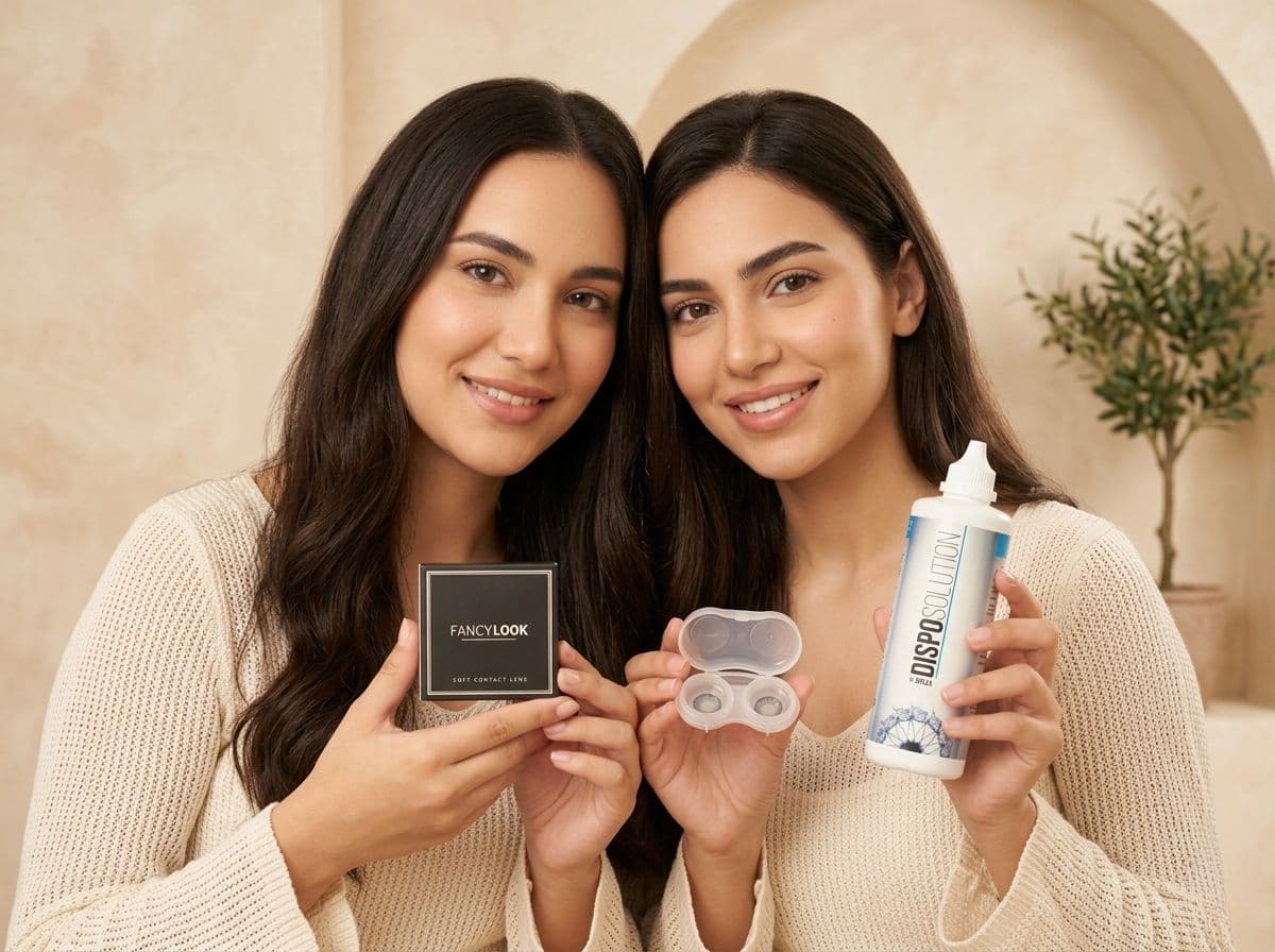 שתי דוגמניות מחזיקות עדשות מגע ותמיסה של FancyLook
